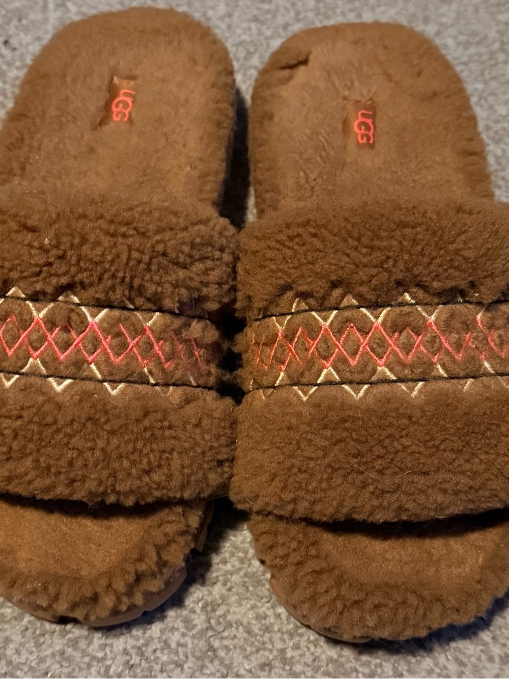 UGG Chestnut Shearling Embroidered Slide Slippers